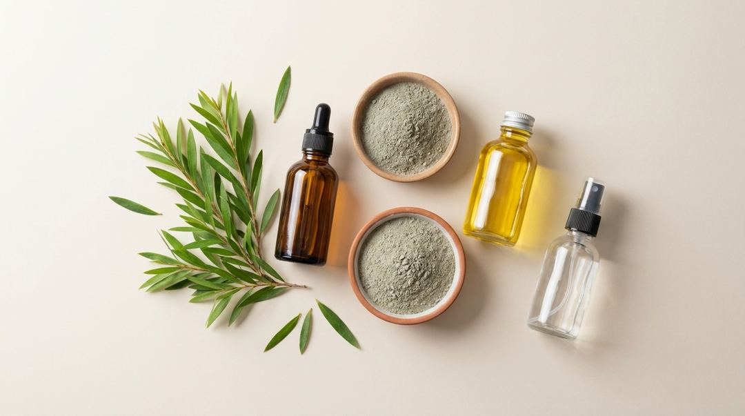 Natuurlijke ingredienten tegen acne: tea tree, klei, jojoba olie en rozenwater