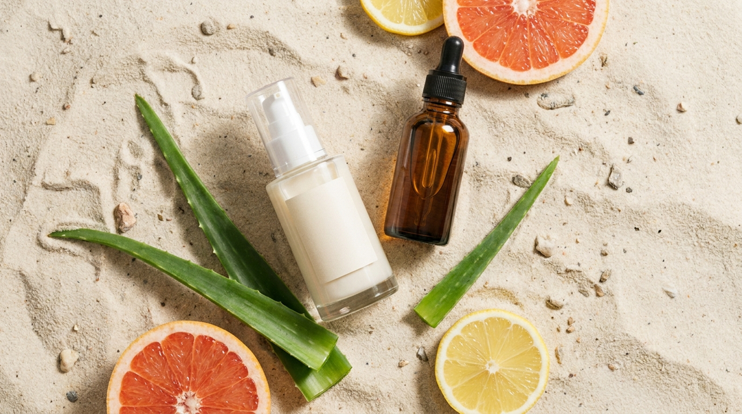 Zomerse huidverzorging met zonnebescherming, aloe vera en natuurlijke olie