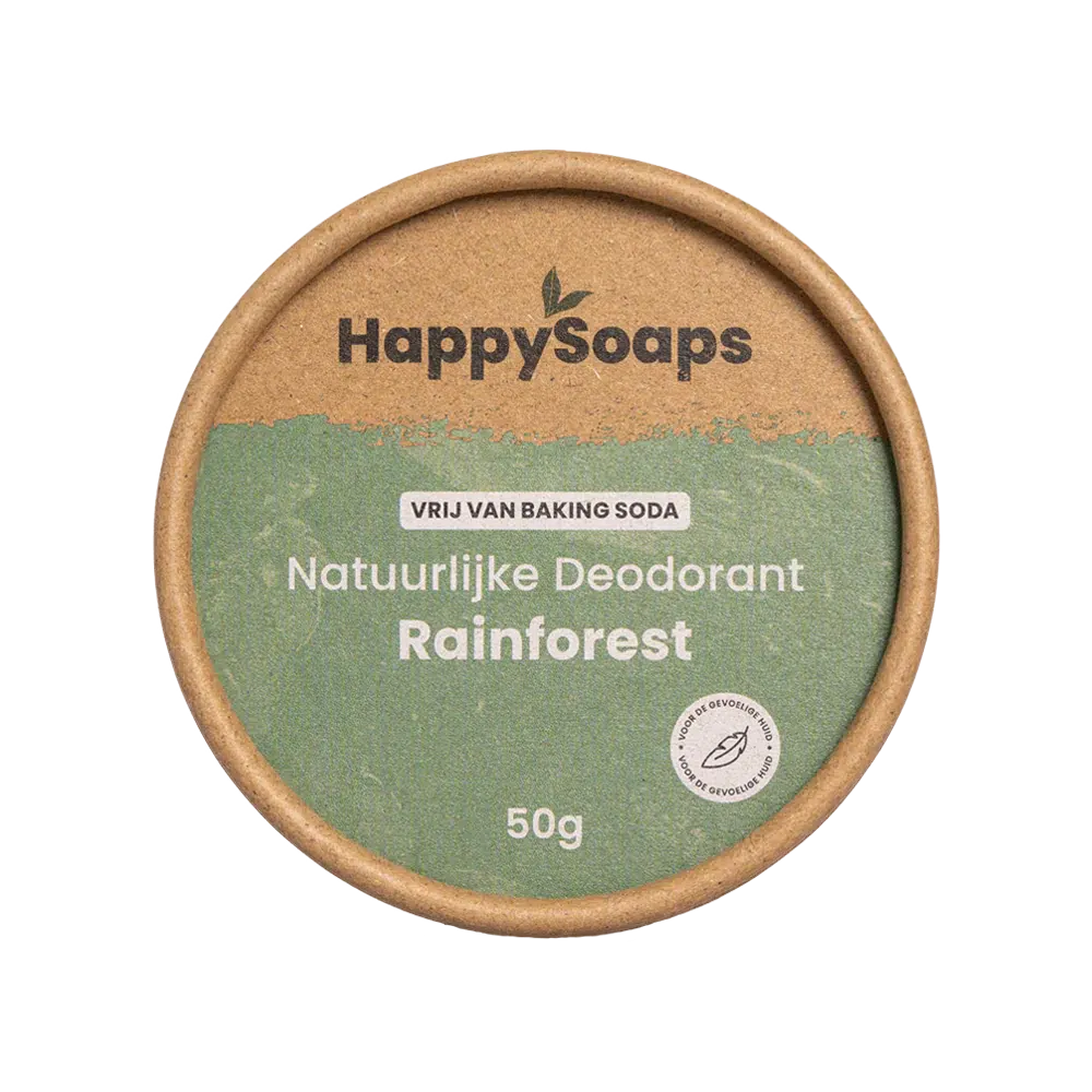 Natuurlijke Deodorant - Rainforest: een ronde container met groene en bruine cirkel, witte tekst.